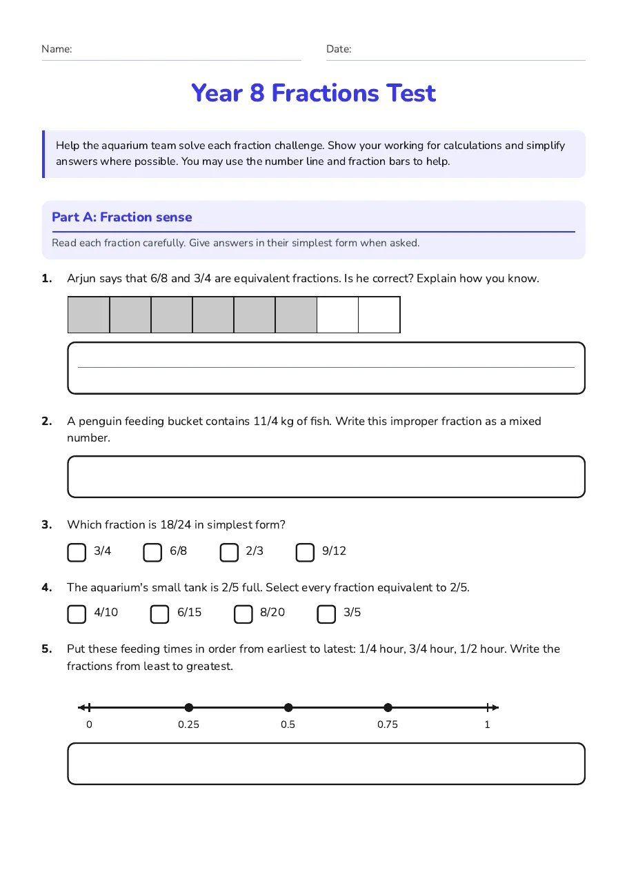 Year 8 Fractions Test, page 1 of 3: Part A: Fraction sense