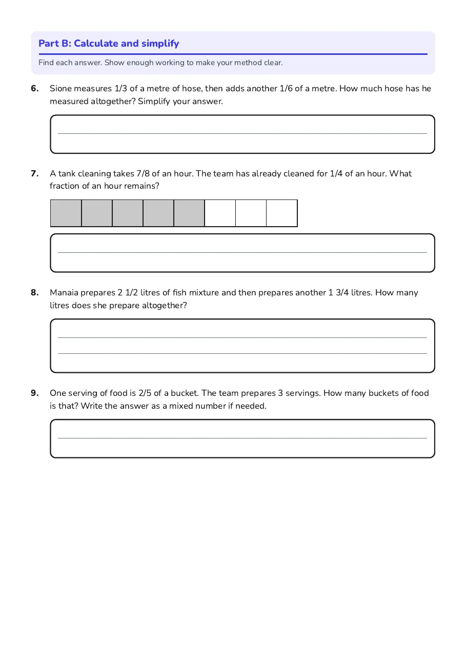 Year 8 Fractions Test, page 2 of 3: Part B: Calculate and simplify