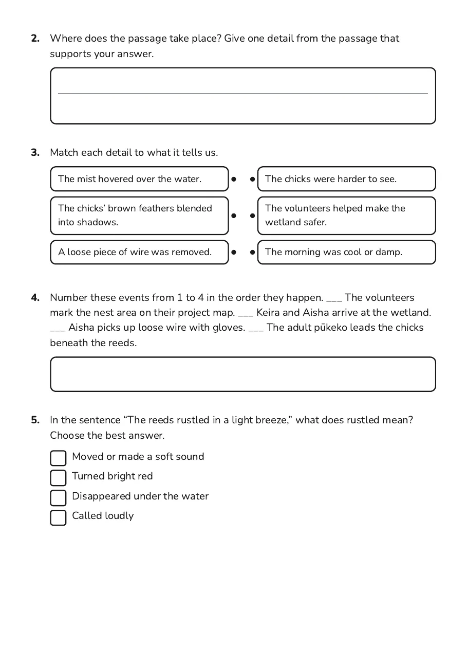 Pukeko Morning Fact Finder, page 2 of 4: 2. Where does the passage take place? Give one detail from the passage that