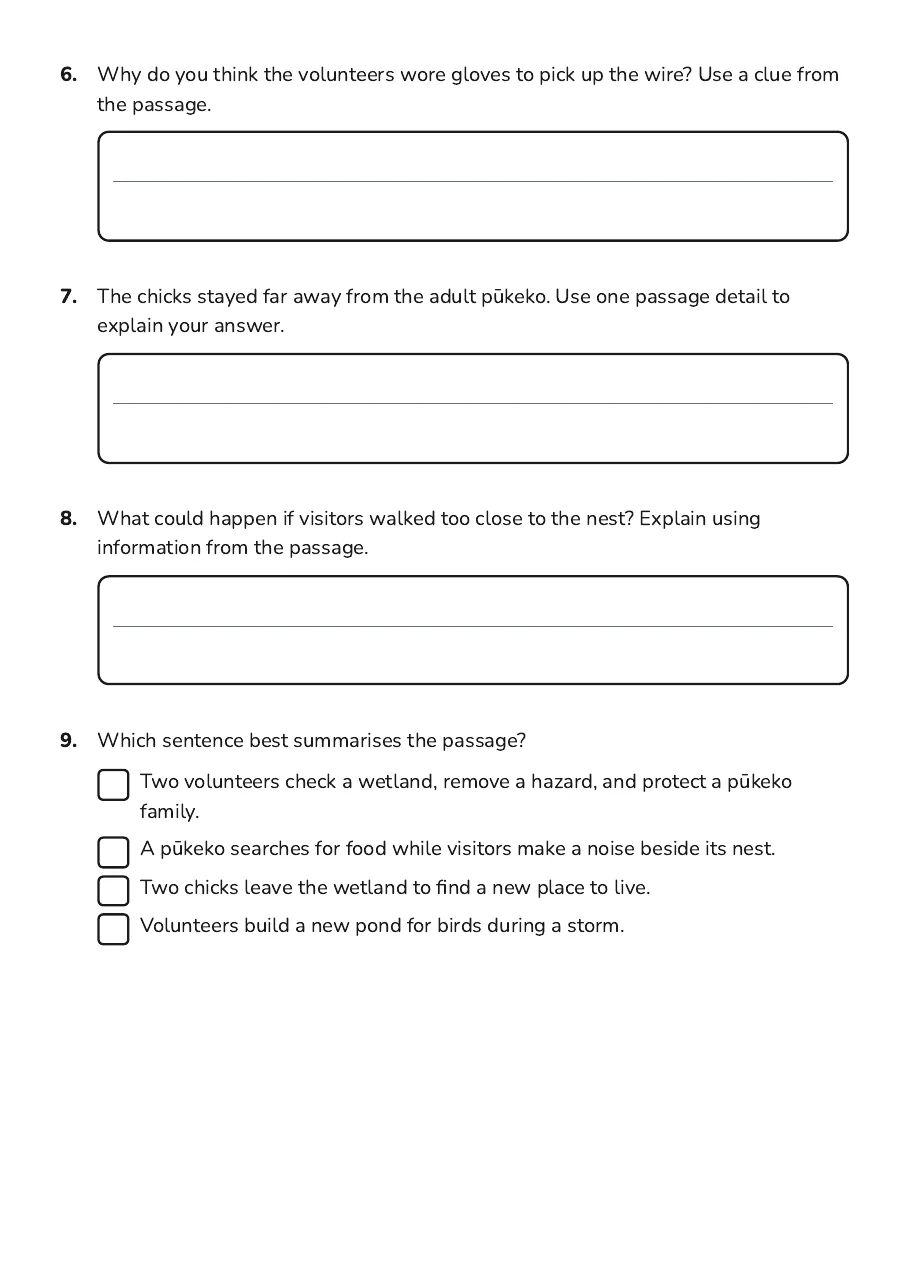 Pukeko Morning Fact Finder, page 3 of 4: 6. Why do you think the volunteers wore gloves to pick up the wire? Use a clue from