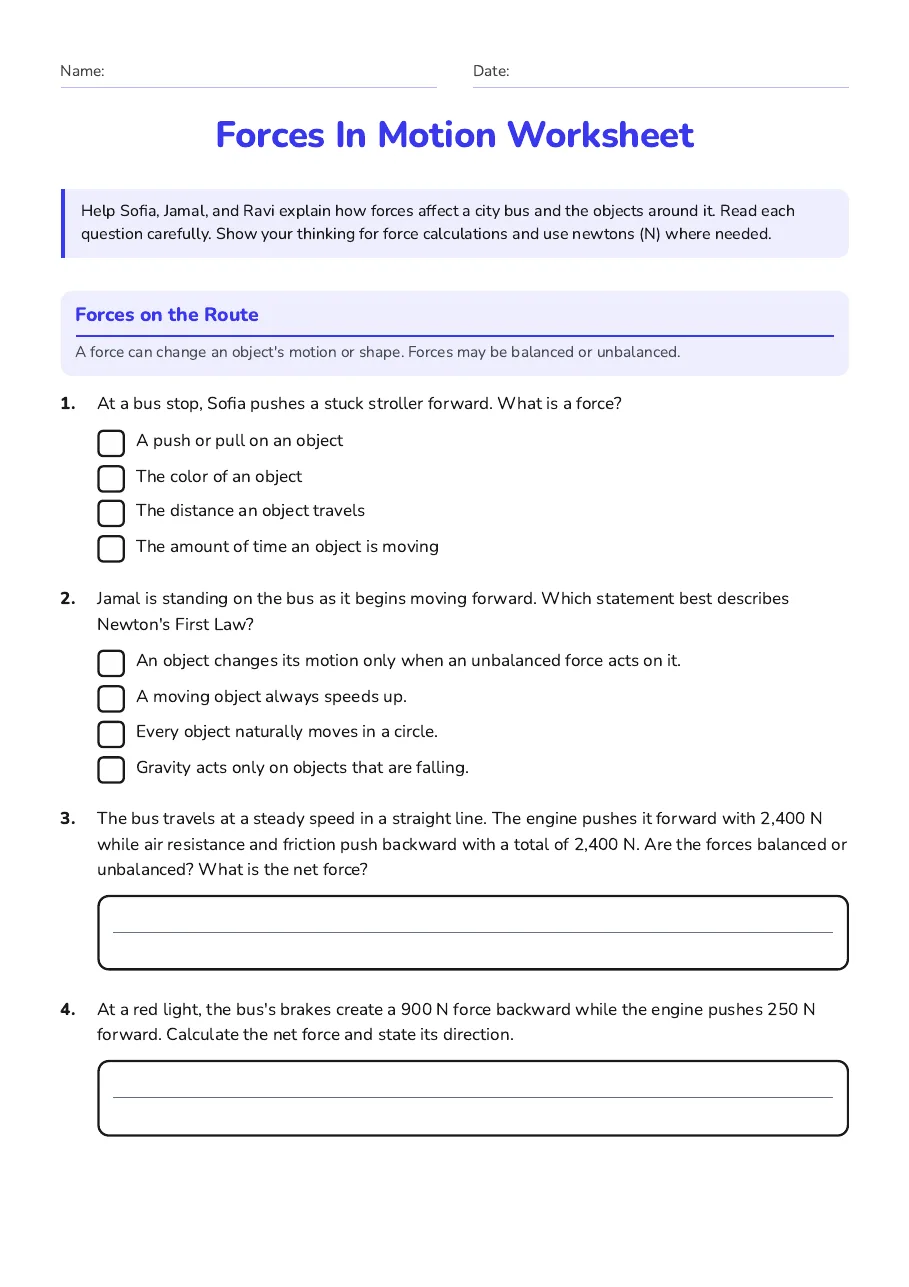 Forces In Motion Worksheet, page 1 of 3: Forces on the Route