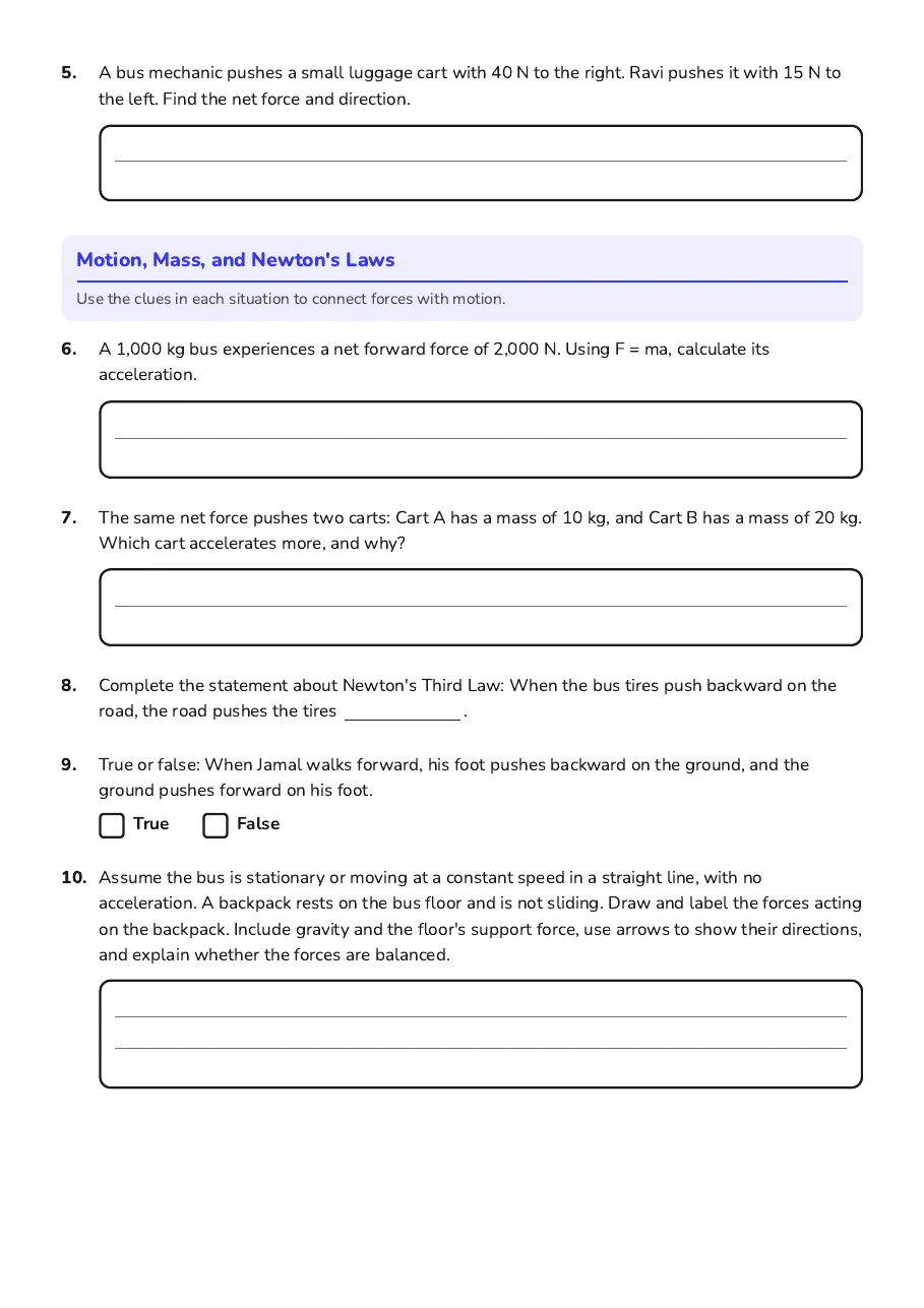 Forces In Motion Worksheet, page 2 of 3: Motion, Mass, and Newton's Laws