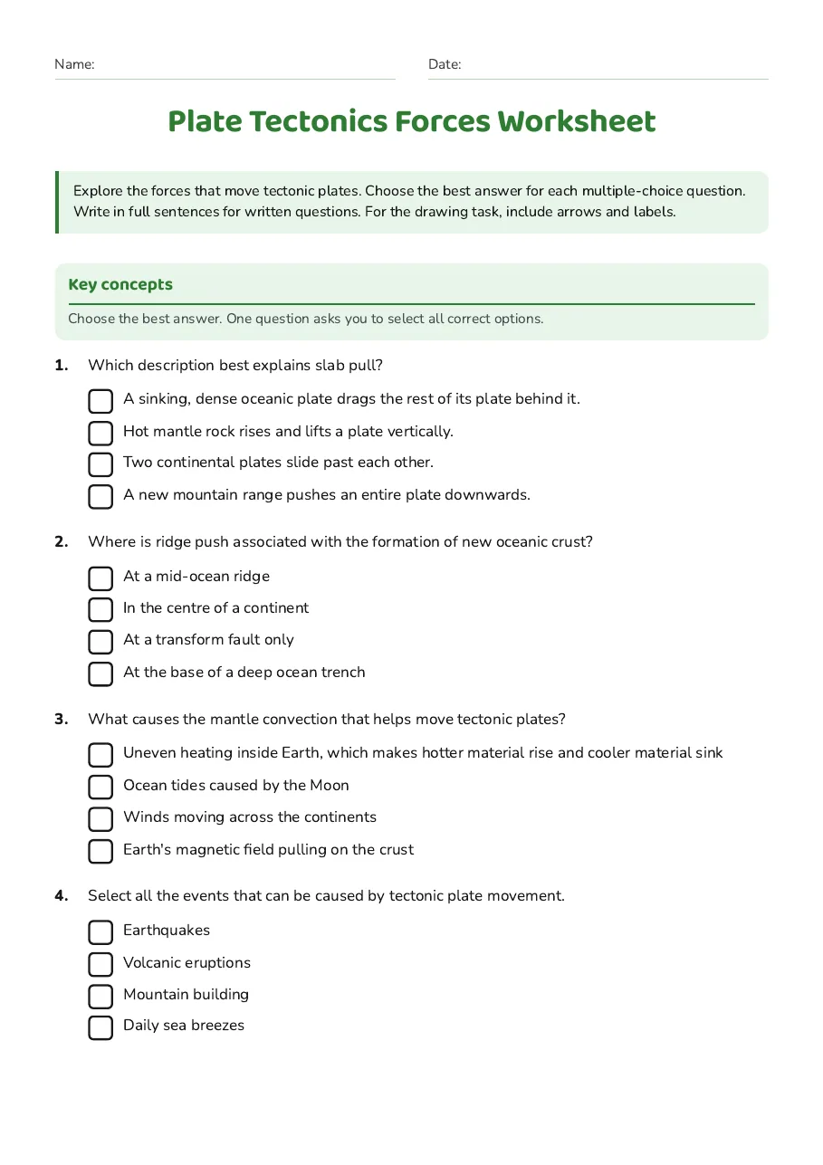 Text-based multiple-choice questions about a mid-ocean ridge, subducting plate and the forces that move tectonic plates.