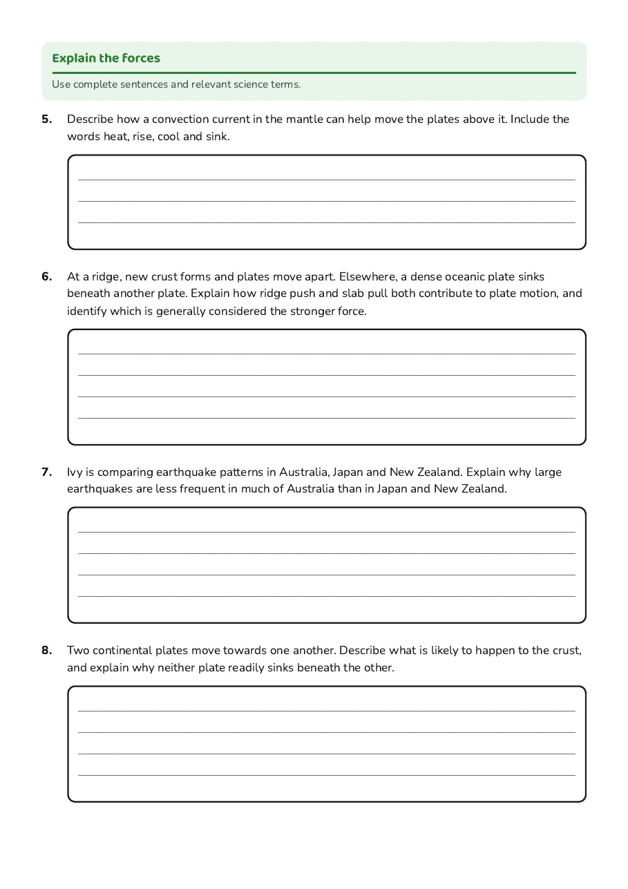 Written responses about convection, slab pull, ridge push, plate boundaries and continental collisions.
