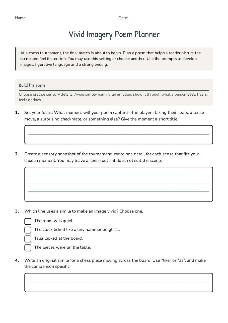 Vivid Imagery Poem Planner, page 1 of 3: Build the scene