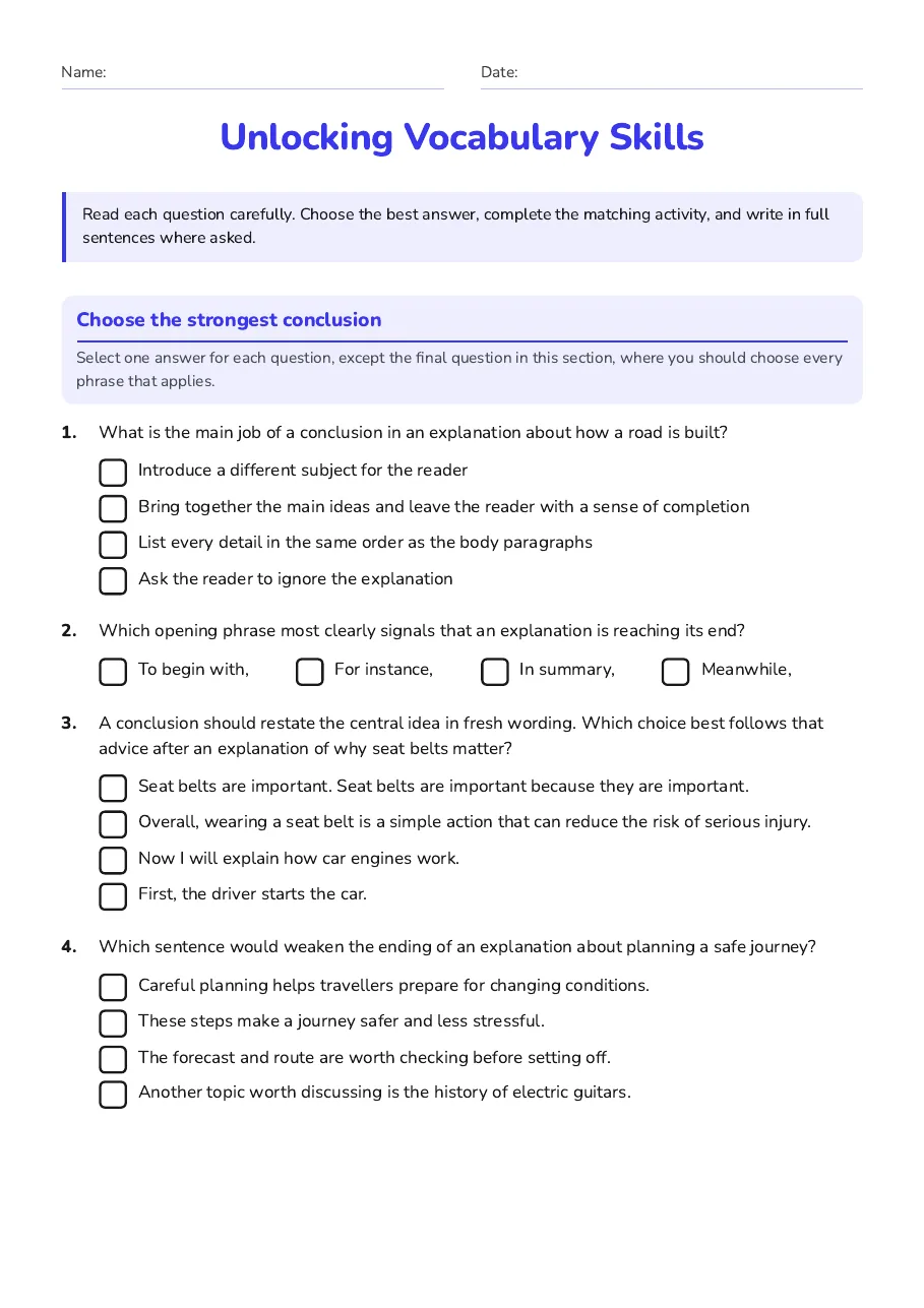 Unlocking Vocabulary Skills, page 1 of 3: Choose the strongest conclusion