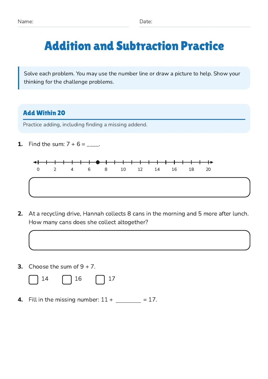Addition and Subtraction Practice, page 1 of 3: Add Within 20