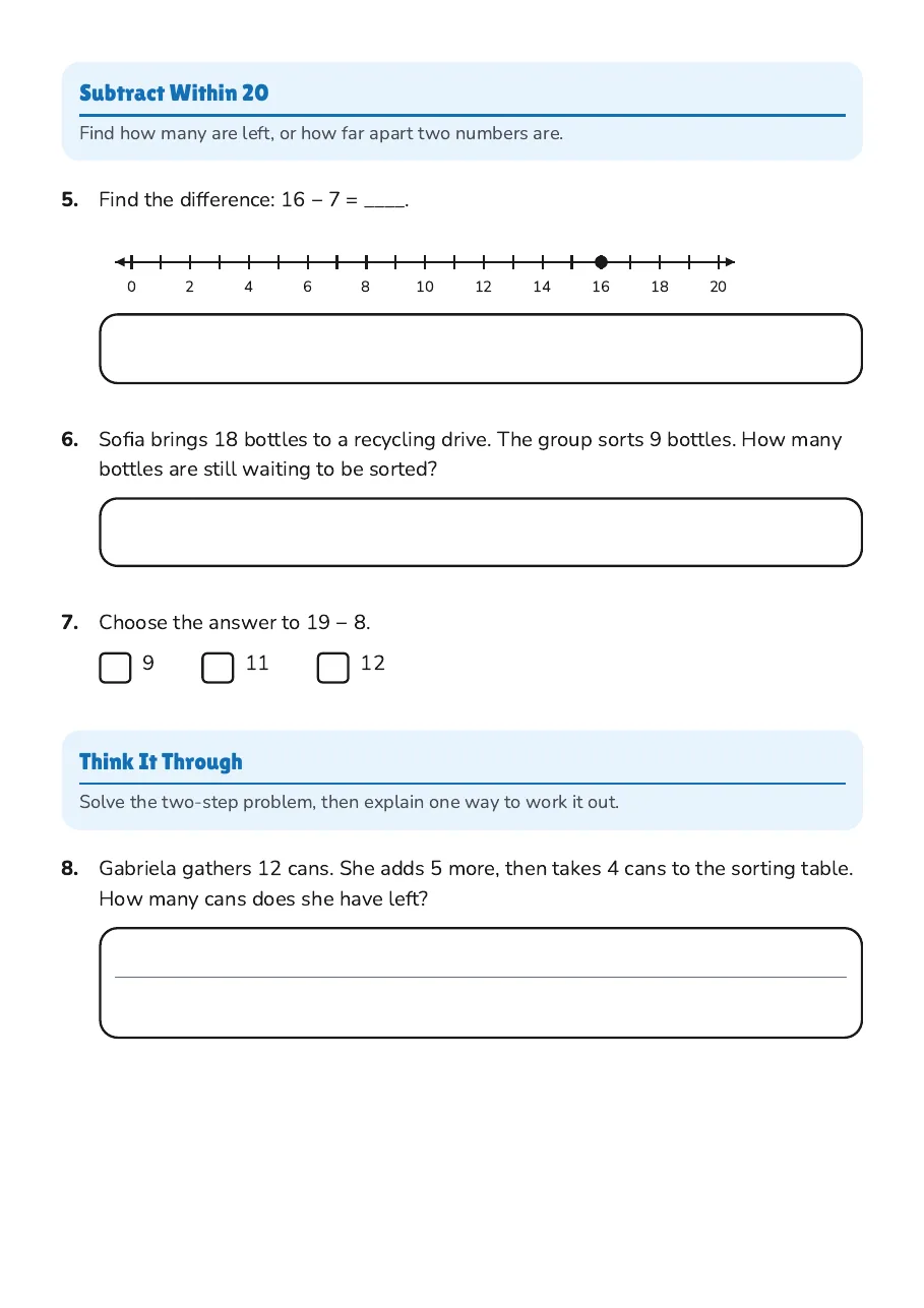 Addition and Subtraction Practice, page 2 of 3: Subtract Within 20, Think It Through