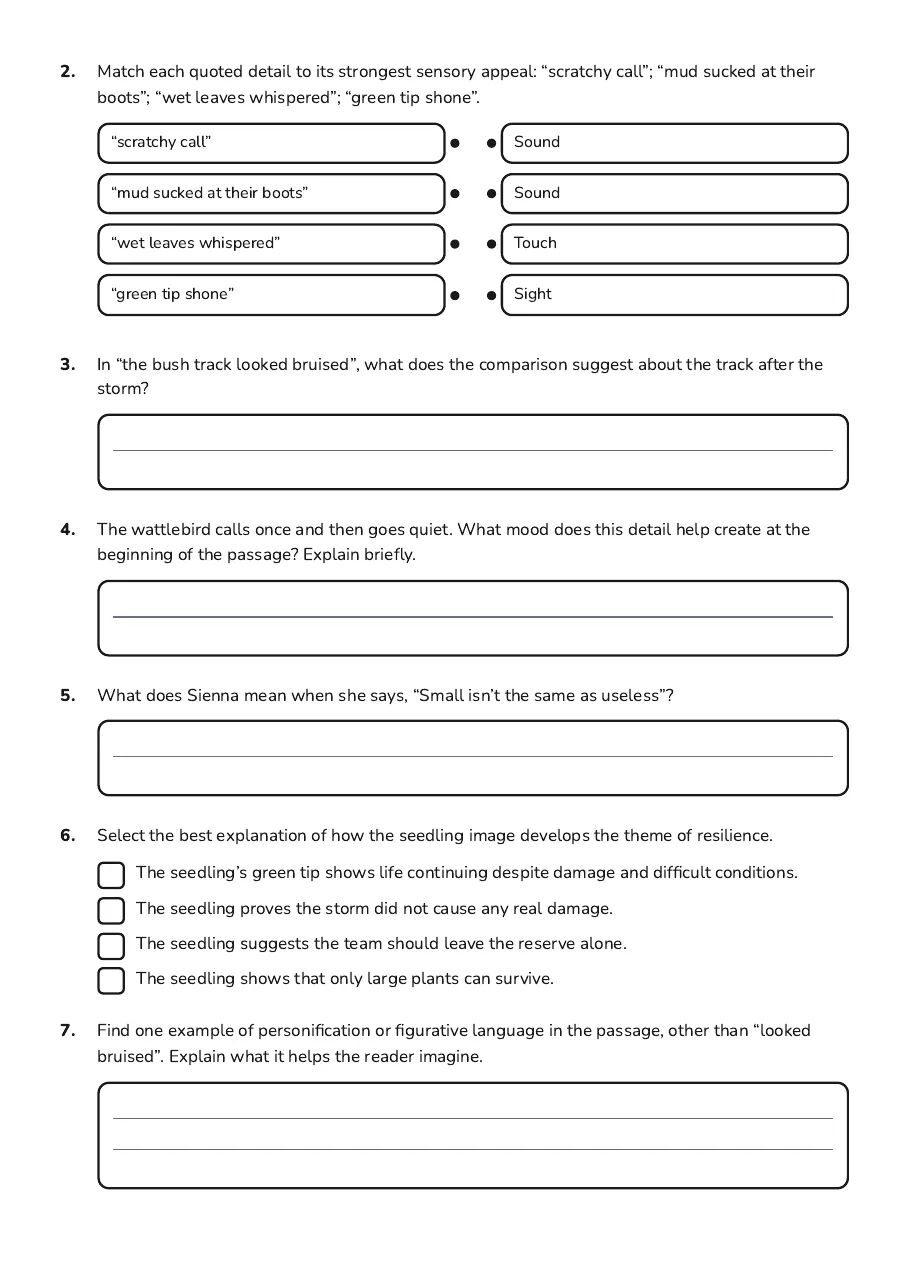 Imagery and Resilience, page 2 of 3: 2. Match each quoted detail to its strongest sensory appeal: “scratchy call”; “mud sucked…