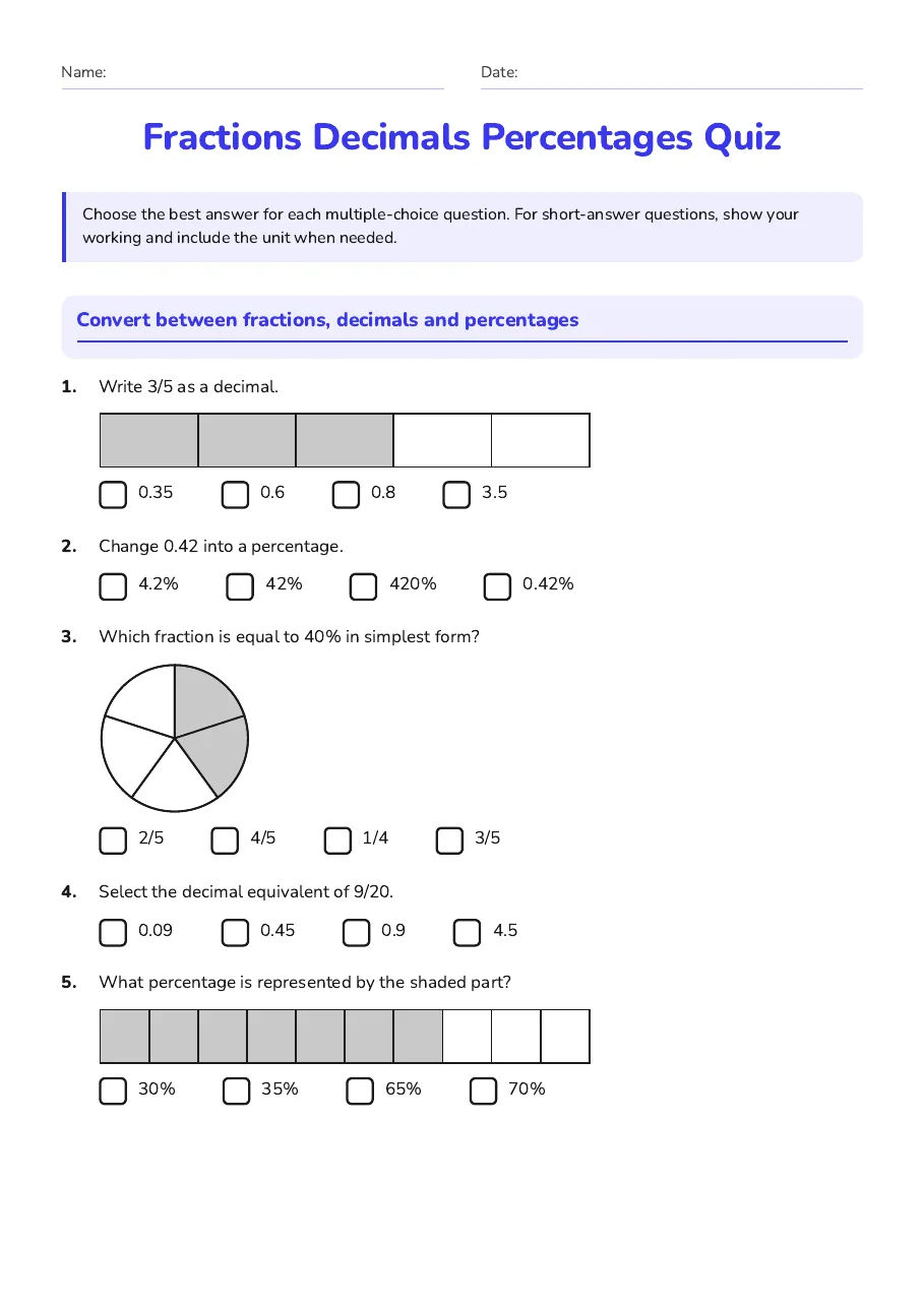 Fractions Decimals Percentages Quiz, page 1 of 2: Convert between fractions, decimals and percentages