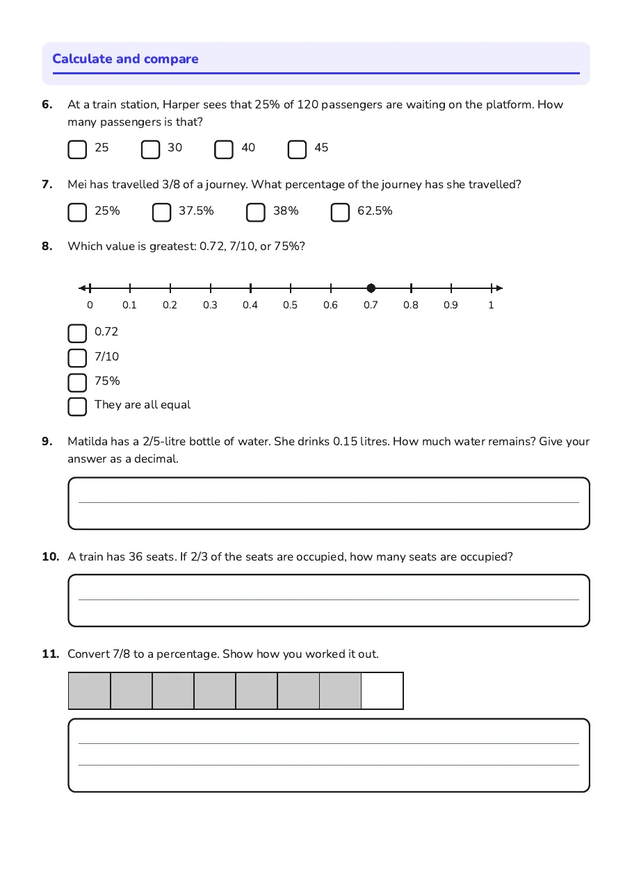 Fractions Decimals Percentages Quiz, page 2 of 2: Calculate and compare