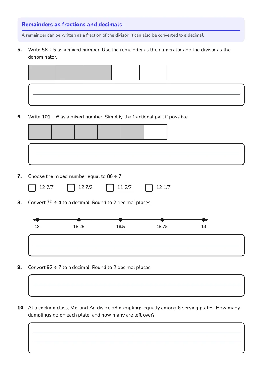 Division with Remainders, page 2 of 4: Remainders as fractions and decimals