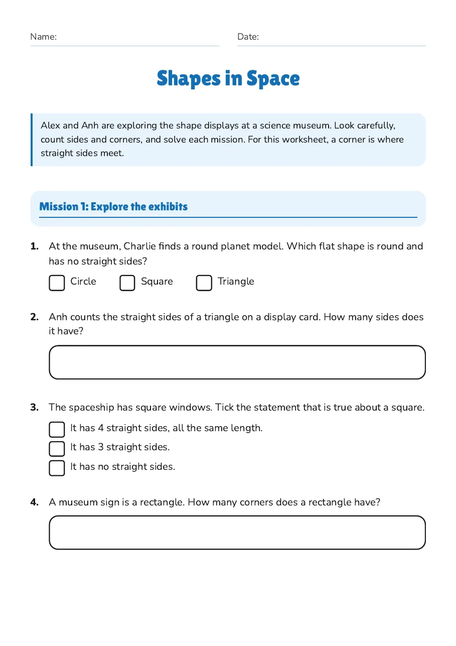Shapes in Space, page 1 of 3: Mission 1: Explore the exhibits