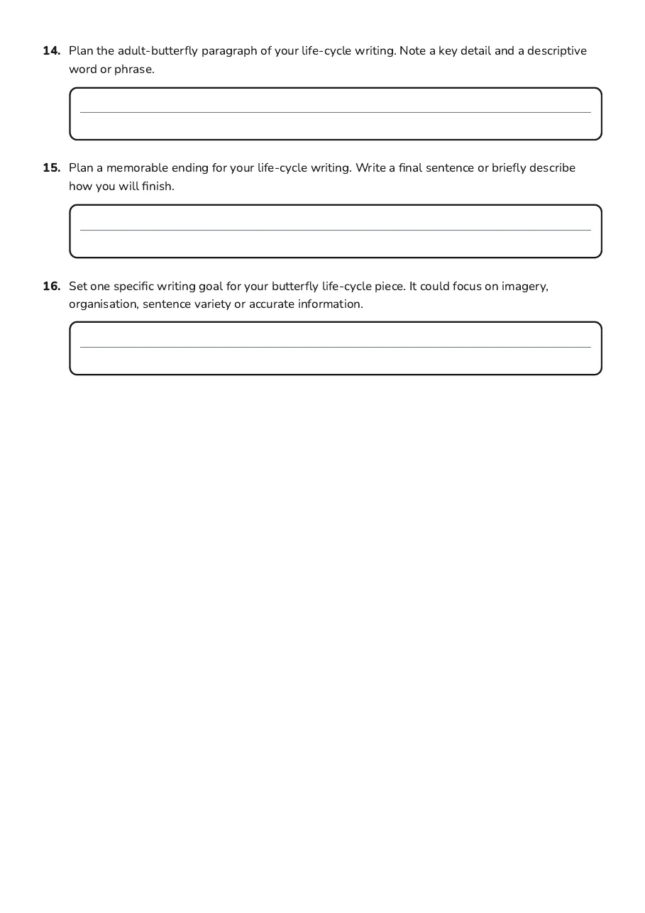 Butterfly Life Cycle Writing, page 3 of 3: 14. Plan the adult-butterfly paragraph of your life-cycle writing. Note a key detail and…