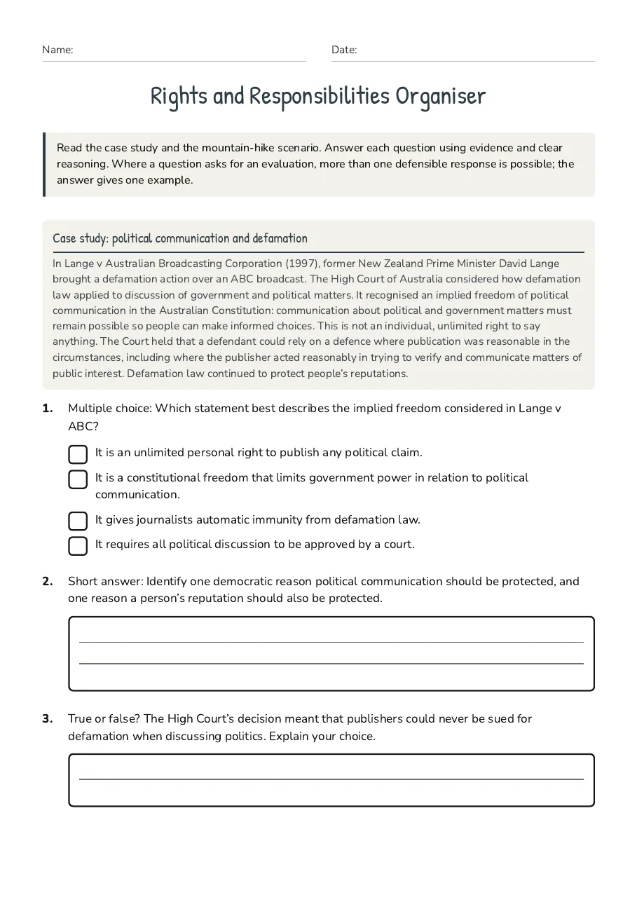 Rights and Responsibilities Organiser, page 1 of 3: Case study: political communication and defamation