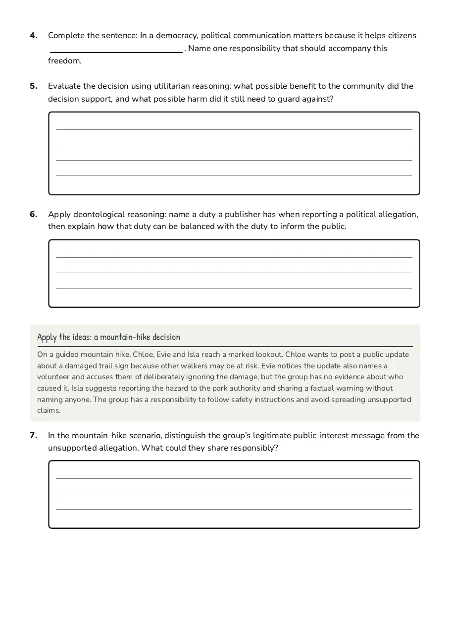 Rights and Responsibilities Organiser, page 2 of 3: Apply the ideas: a mountain-hike decision