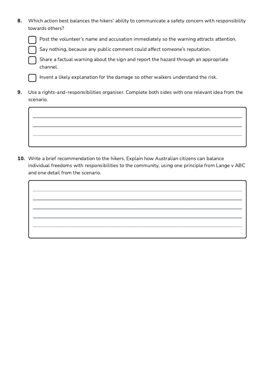 Rights and Responsibilities Organiser, page 3 of 3: 8. Which action best balances the hikers’ ability to communicate a safety concern with…