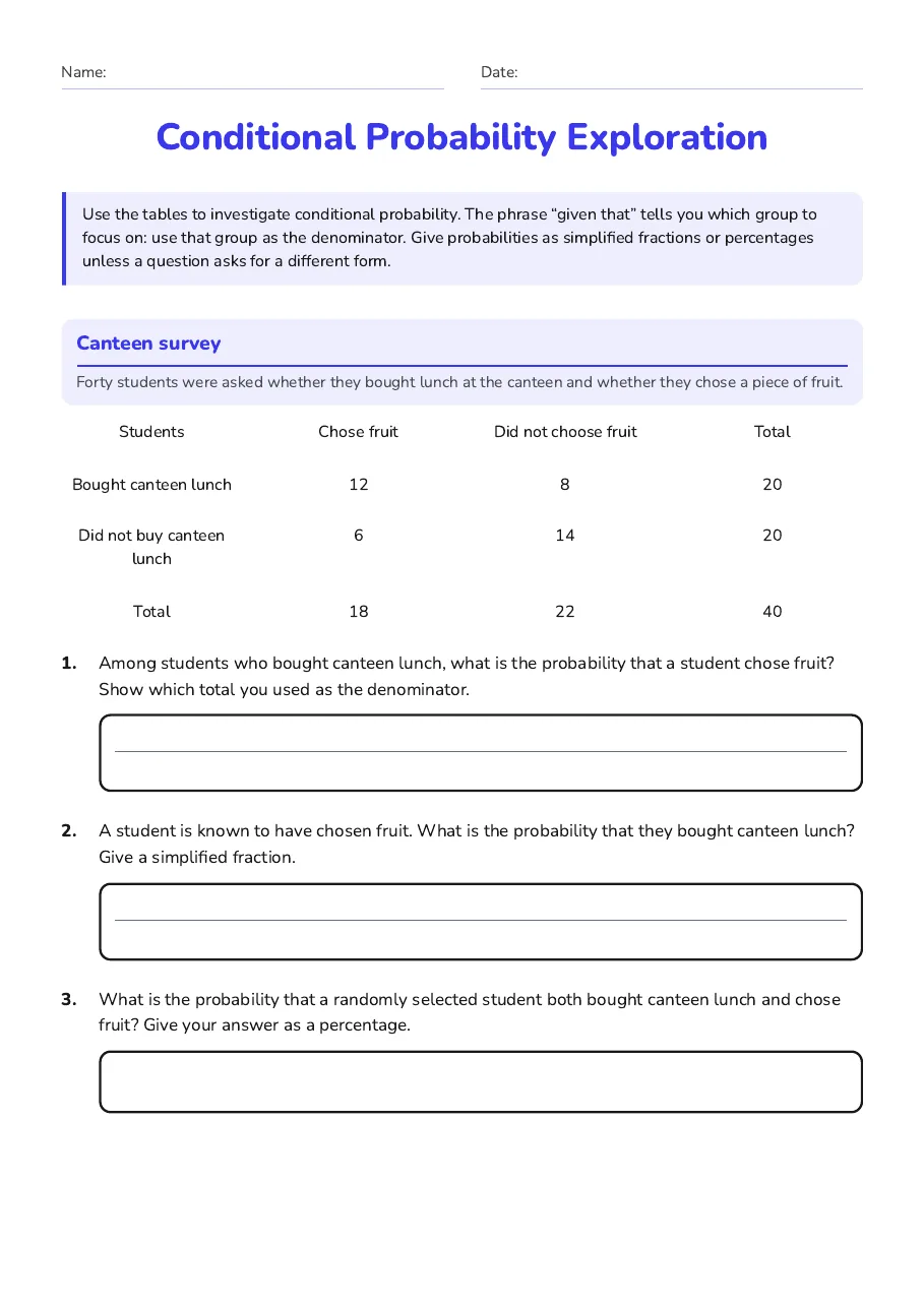 Conditional Probability Exploration, page 1 of 3: Canteen survey