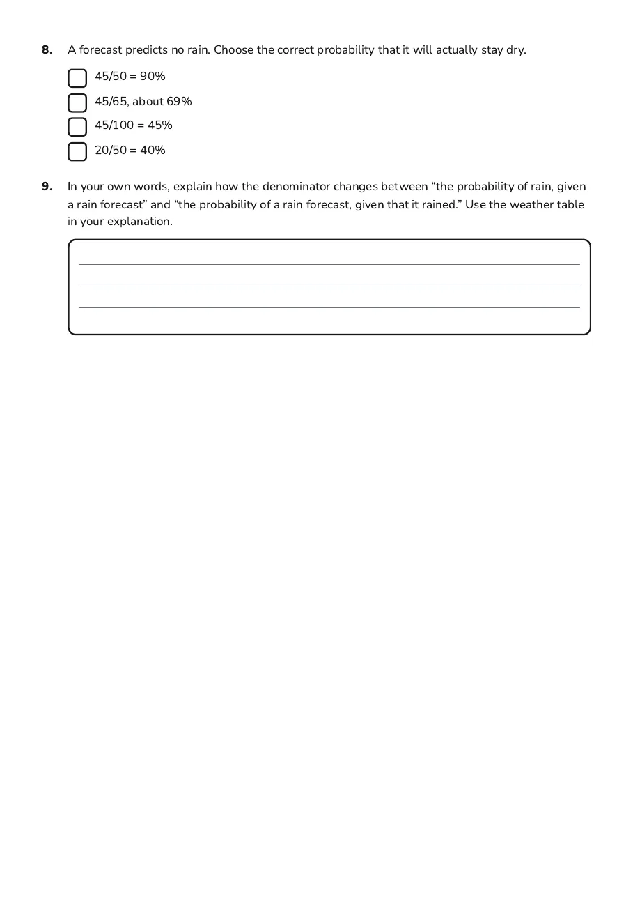 Conditional Probability Exploration, page 3 of 3: 8. A forecast predicts no rain. Choose the correct probability that it will actually stay…