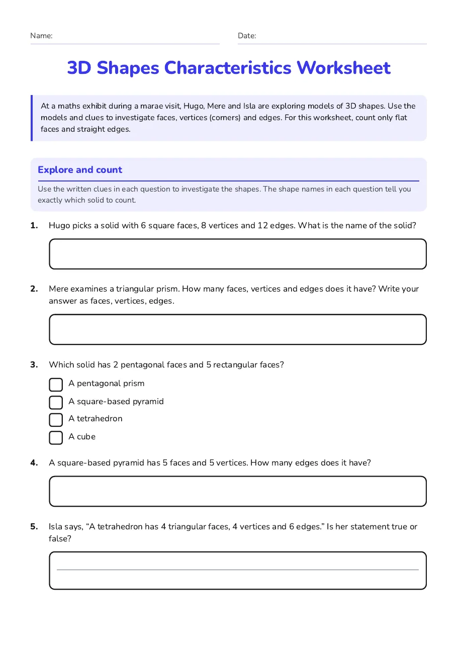3D Shapes Characteristics Worksheet, page 1 of 2: Explore and count