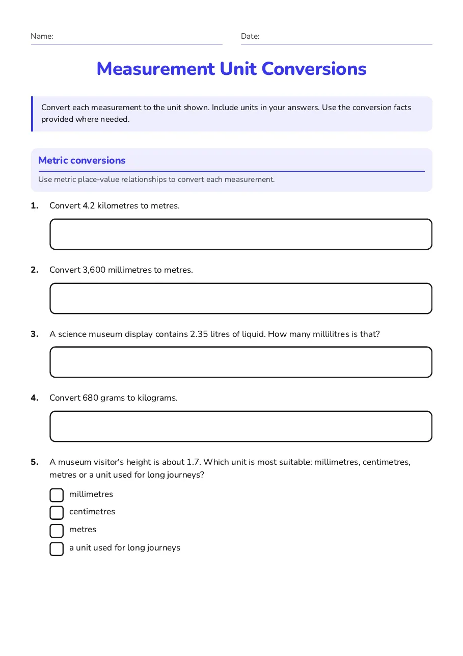 Measurement Unit Conversions, page 1 of 3: Metric conversions