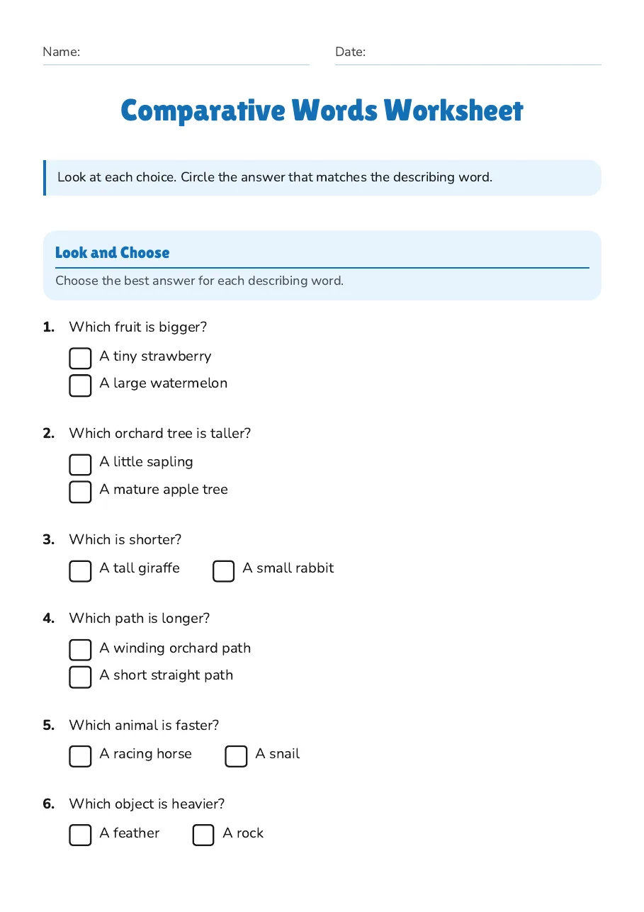 Comparative Words Worksheet, page 1 of 4: Look and Choose