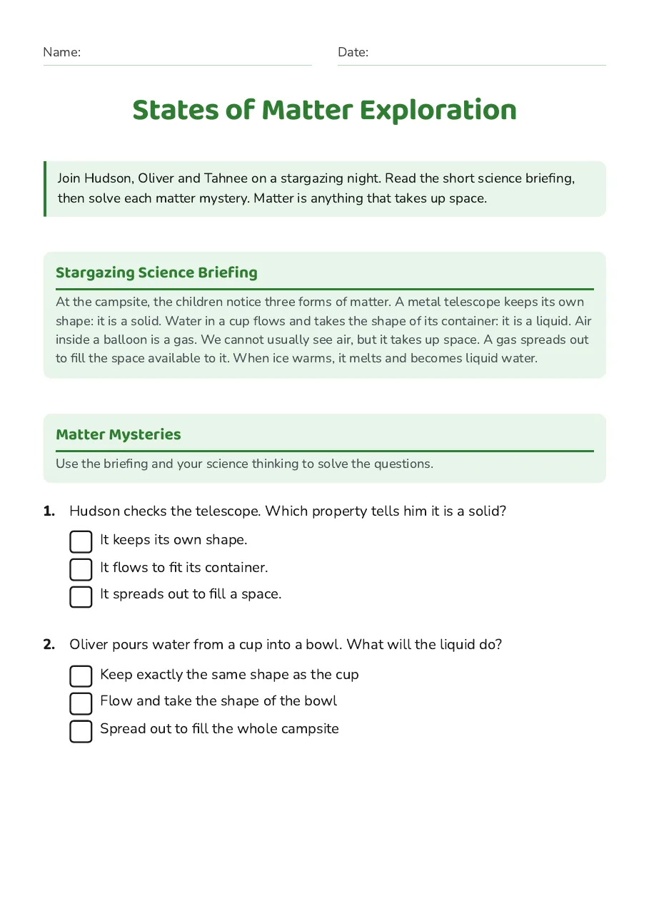 States of Matter Exploration, page 1 of 3: Stargazing Science Briefing, Matter Mysteries