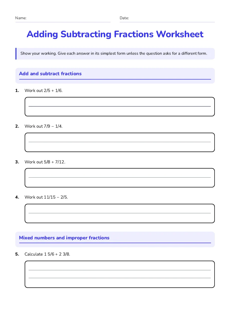 Adding Subtracting Fractions Worksheet, page 1 of 3: Add and subtract fractions, Mixed numbers and improper fractions