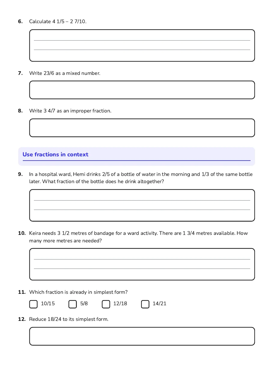 Adding Subtracting Fractions Worksheet, page 2 of 3: Use fractions in context