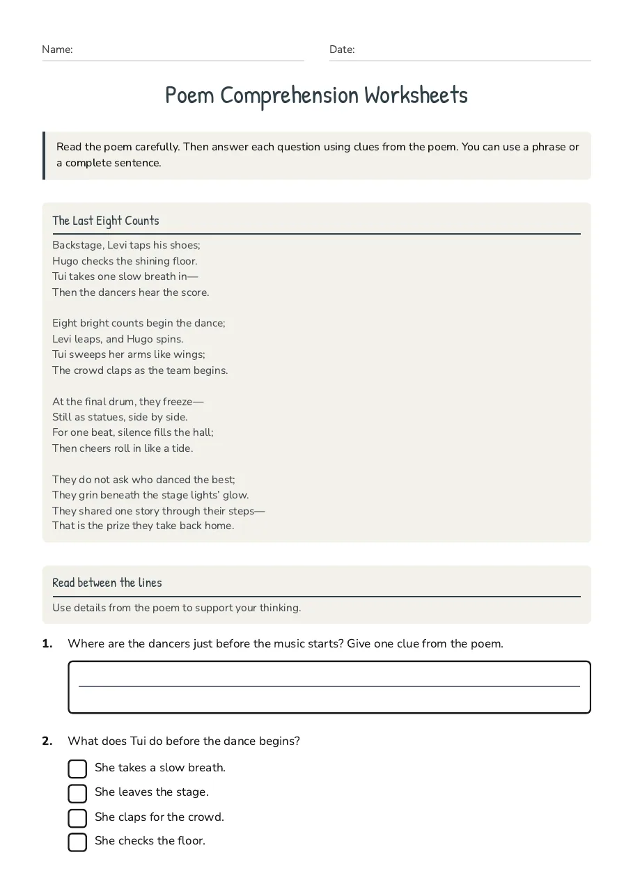 Poem Comprehension Worksheets, page 1 of 3: The Last Eight Counts, Read between the lines