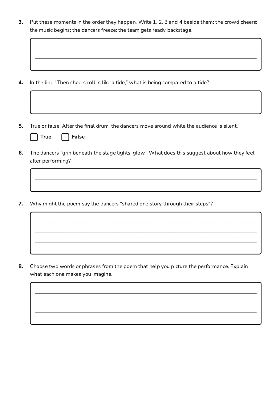 Poem Comprehension Worksheets, page 2 of 3: 3. Put these moments in the order they happen. Write 1, 2, 3 and 4 beside them: the crowd…
