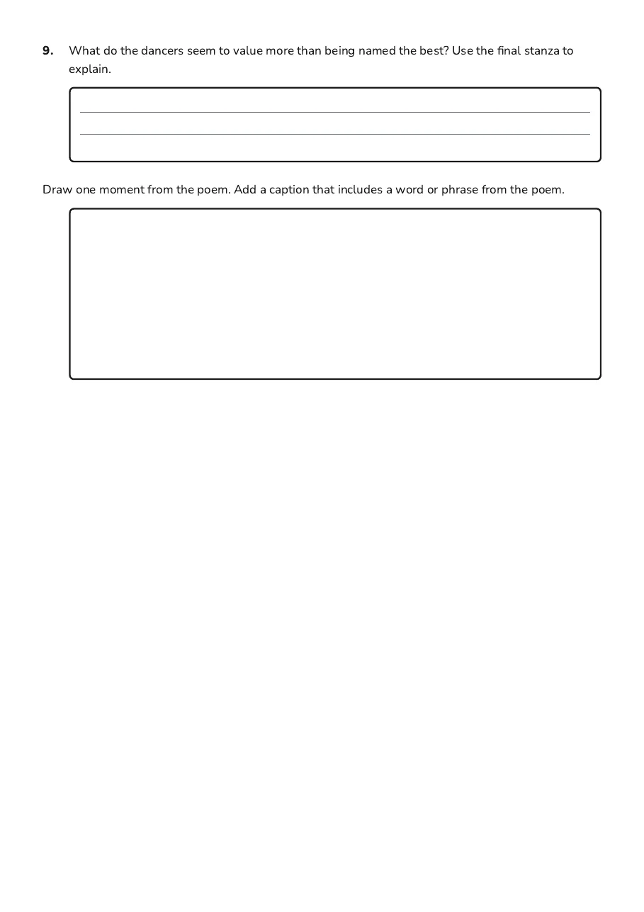 Poem Comprehension Worksheets, page 3 of 3: 9. What do the dancers seem to value more than being named the best? Use the final stanza…