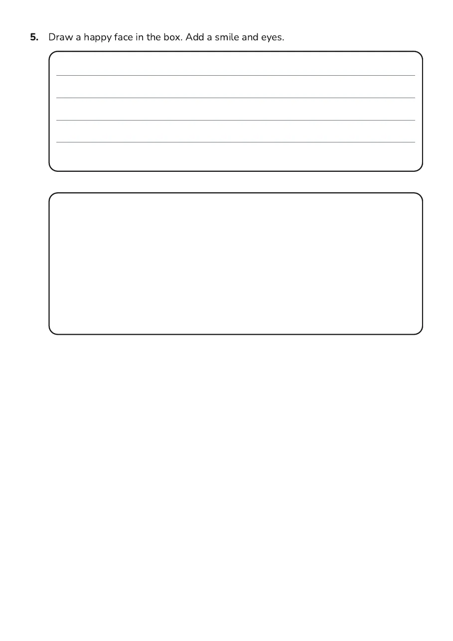 My Body and Feelings, page 2 of 2: 5. Draw a happy face in the box. Add a smile and eyes.