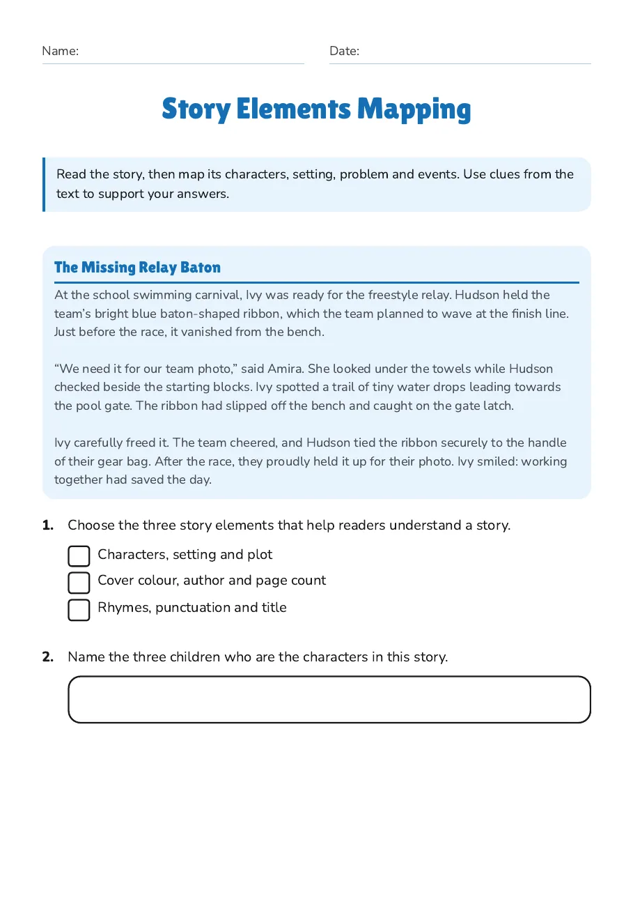 Story Elements Mapping, page 1 of 3: The Missing Relay Baton