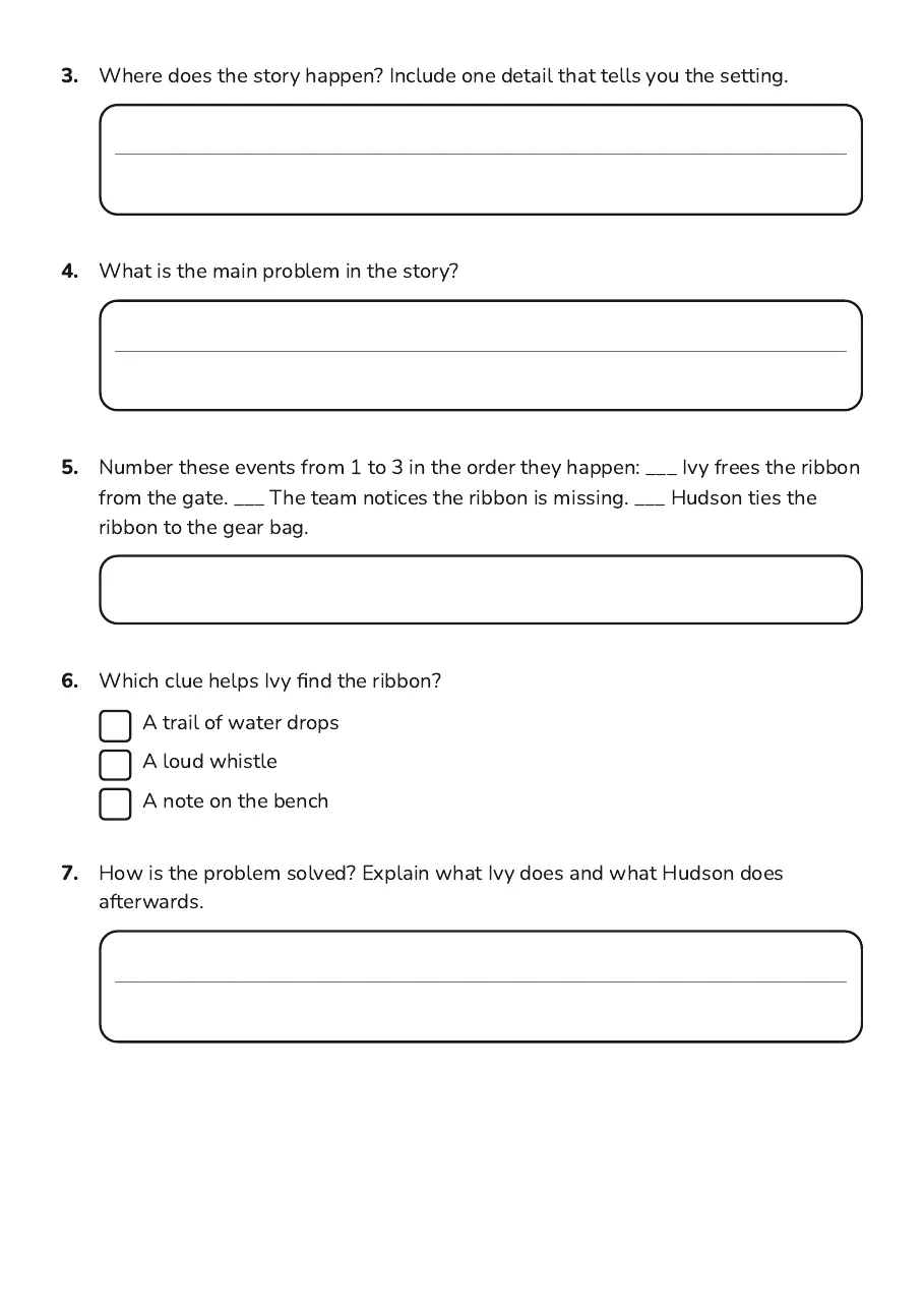 Story Elements Mapping, page 2 of 3: 3. Where does the story happen? Include one detail that tells you the setting.