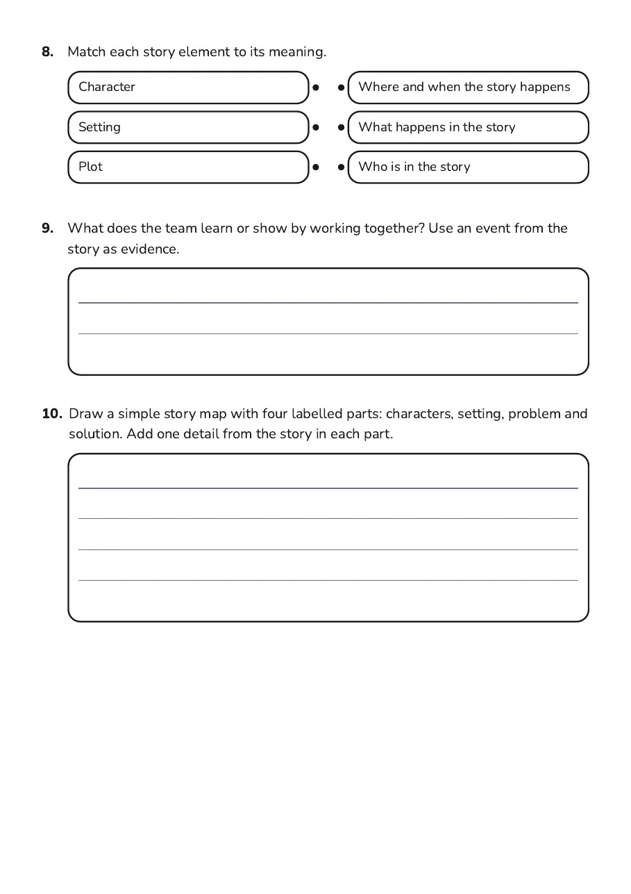 Story Elements Mapping, page 3 of 3: 8. Match each story element to its meaning.