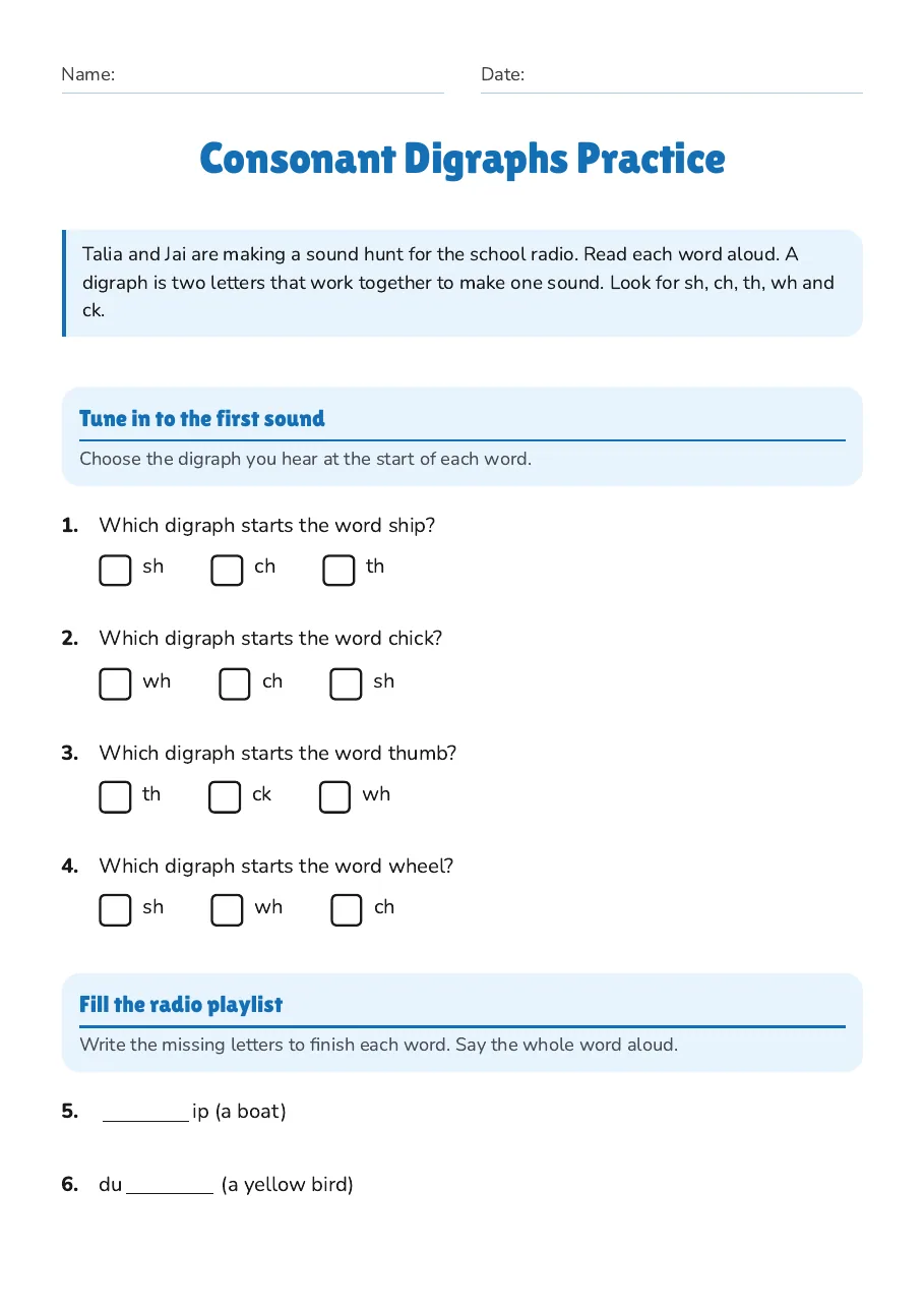 Consonant Digraphs Practice, page 1 of 2: Tune in to the first sound, Fill the radio playlist