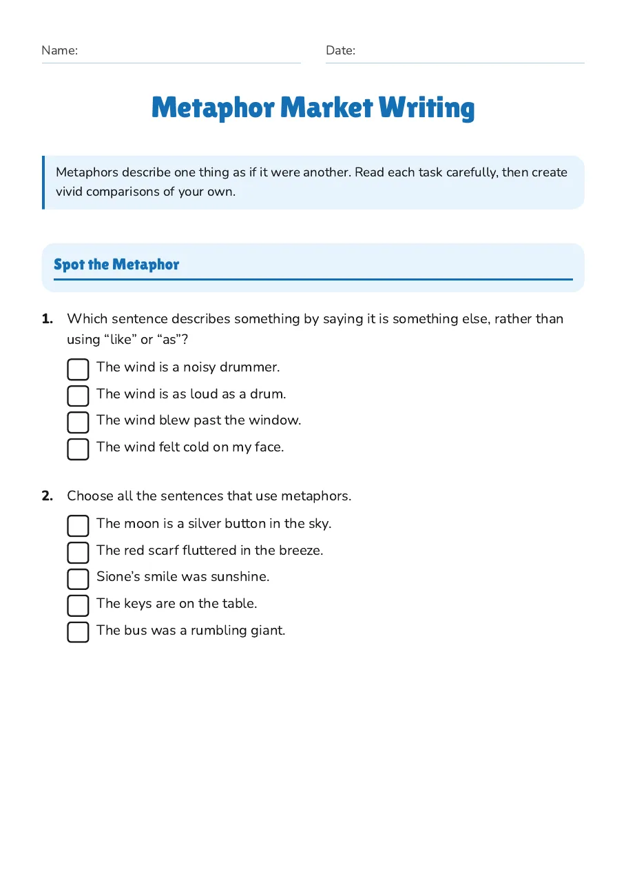 Metaphor Market Writing, page 1 of 4: Spot the Metaphor