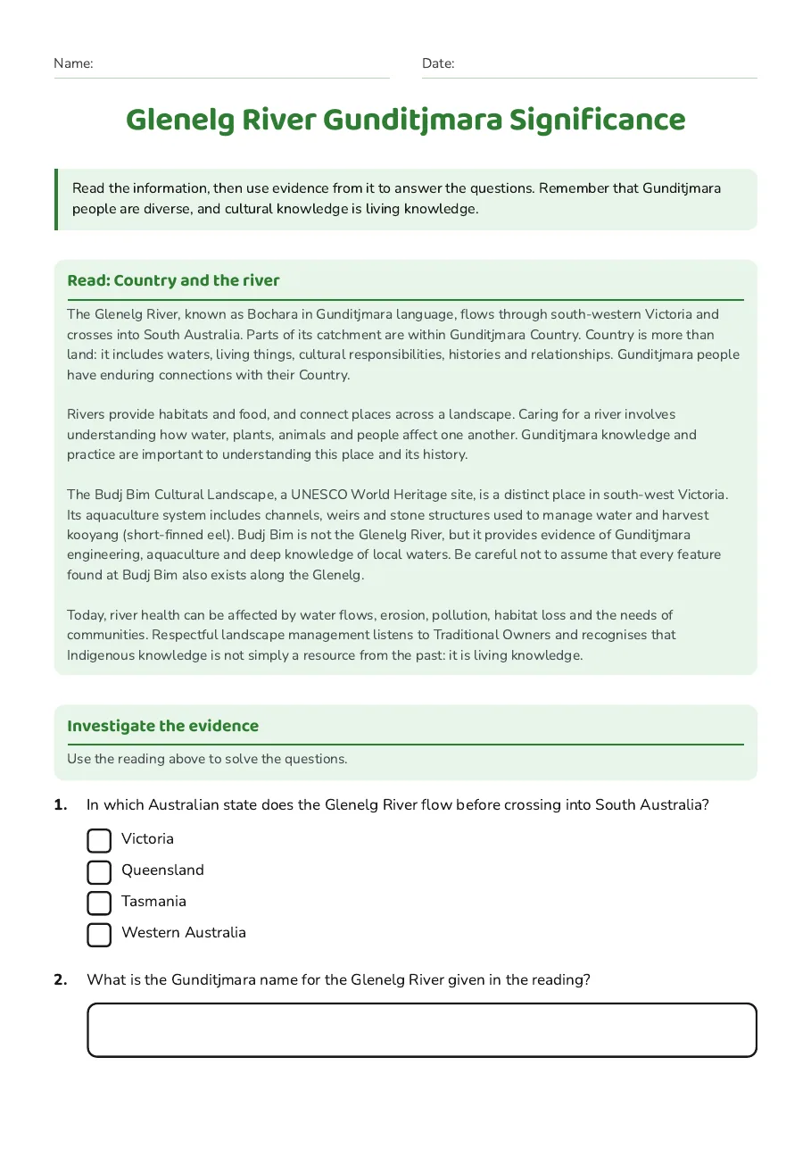 Glenelg River Gunditjmara Significance, page 1 of 2: Read: Country and the river, Investigate the evidence