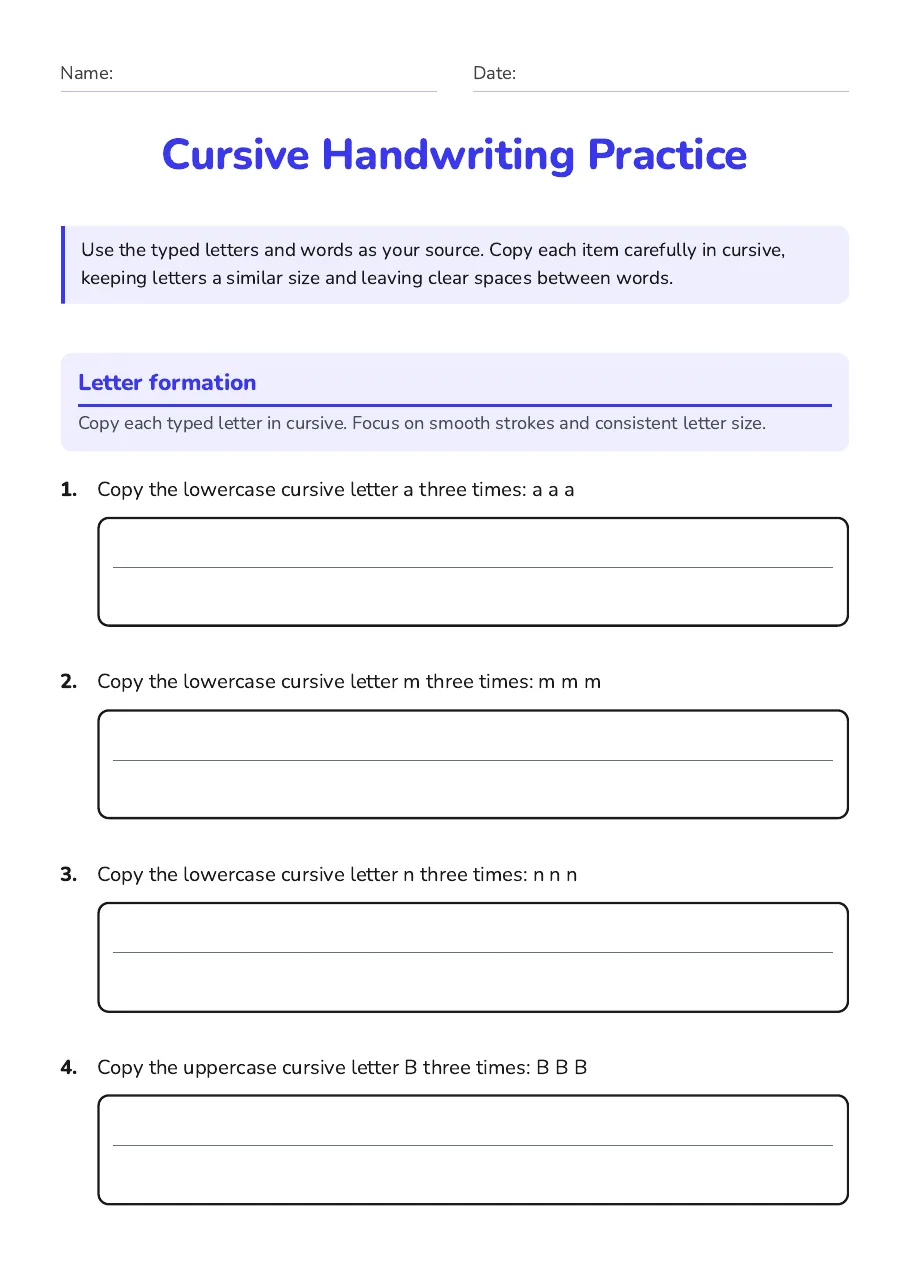 Cursive Handwriting Practice, page 1 of 3: Letter formation