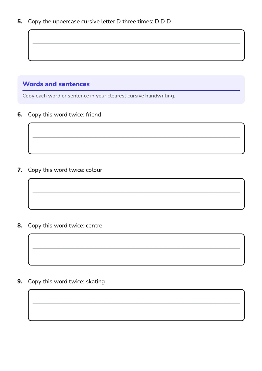 Cursive Handwriting Practice, page 2 of 3: Words and sentences