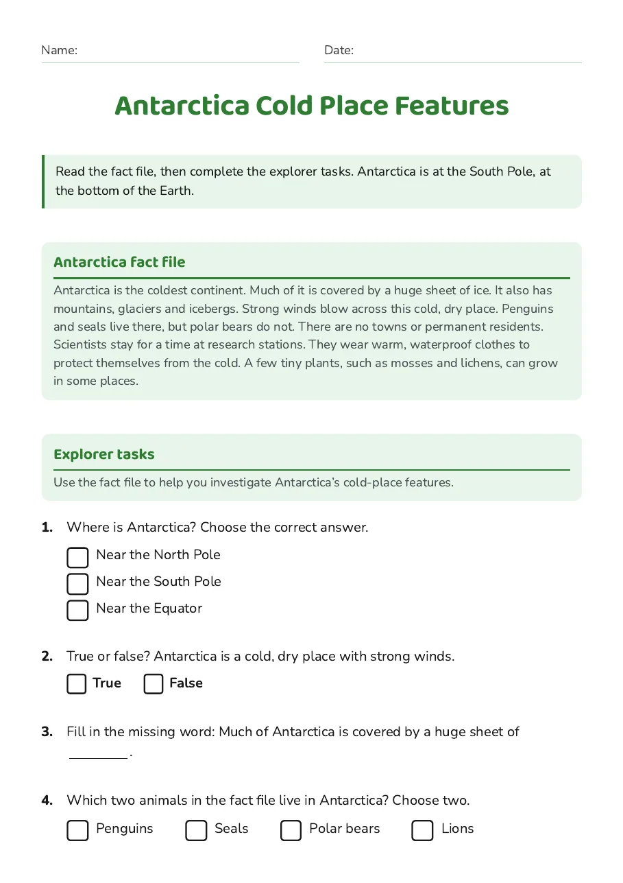 Antarctica Cold Place Features, page 1 of 2: Antarctica fact file, Explorer tasks