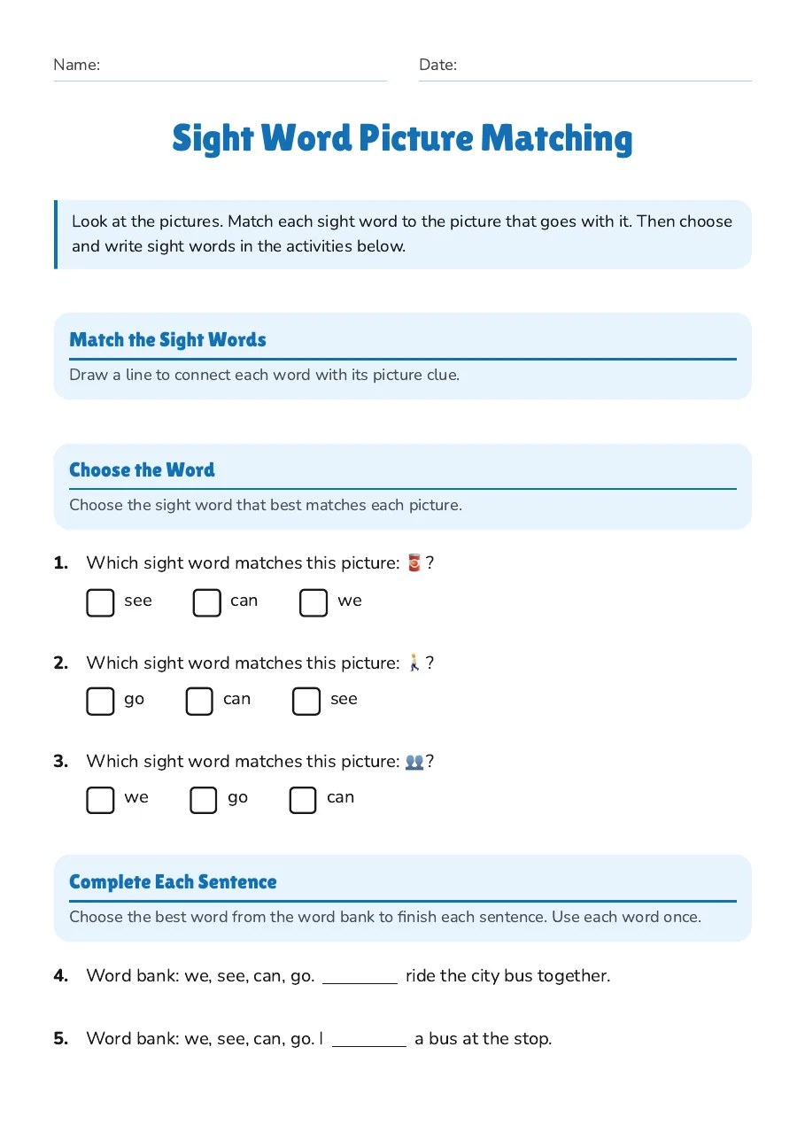 Sight Word Picture Matching, page 1 of 2: Match the Sight Words, Choose the Word, Complete Each Sentence