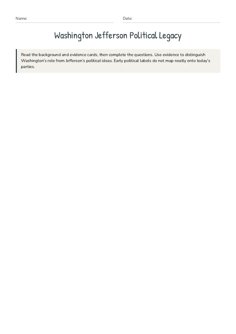 Washington Jefferson Political Legacy, page 1 of 4: Read the background and evidence cards, then complete the questions. Use evidence to…