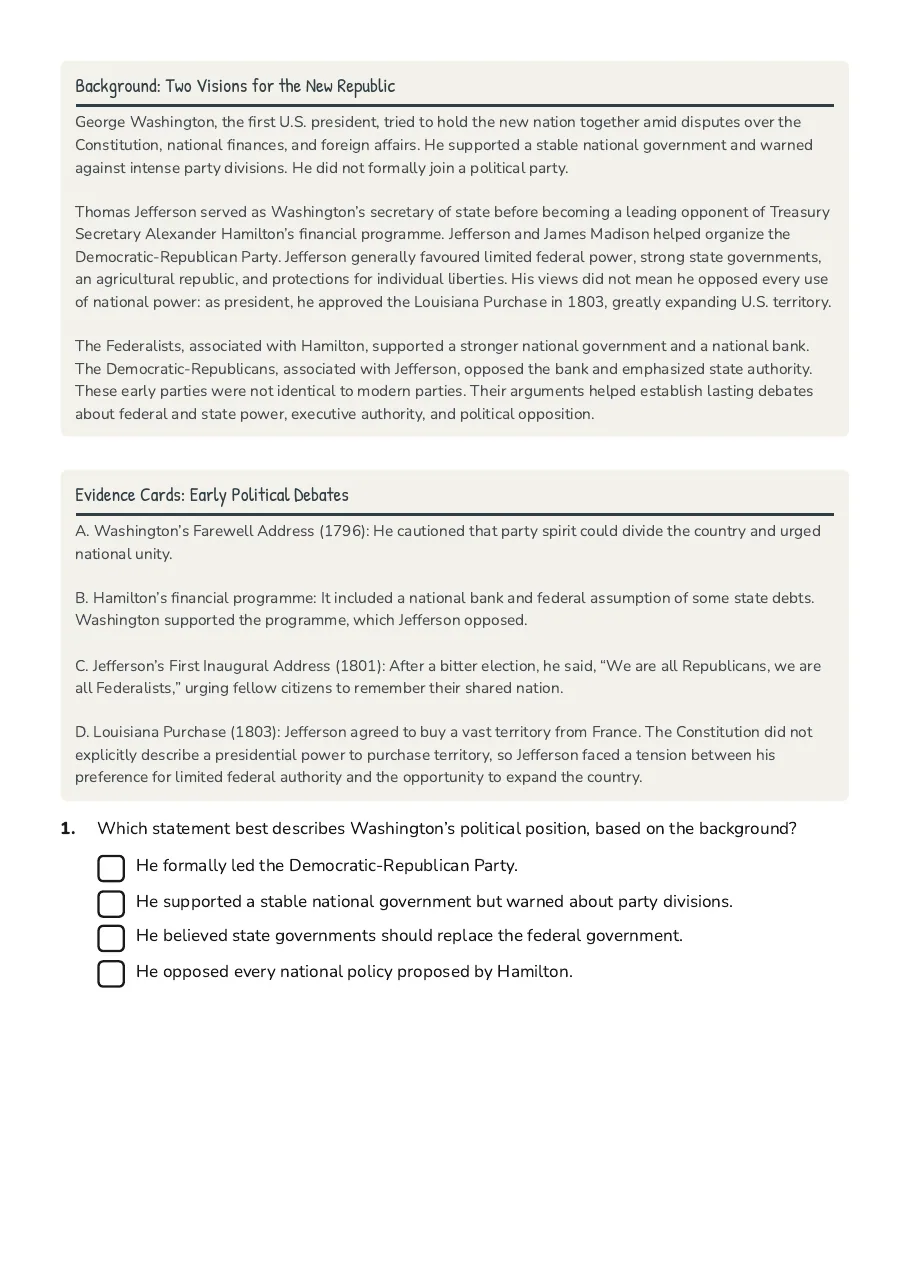 Washington Jefferson Political Legacy, page 2 of 4: Background: Two Visions for the New Republic, Evidence Cards: Early Political Debates