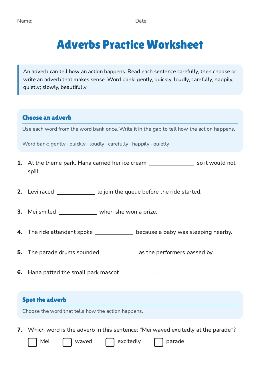 Adverbs Practice Worksheet, page 1 of 3: Choose an adverb, Spot the adverb