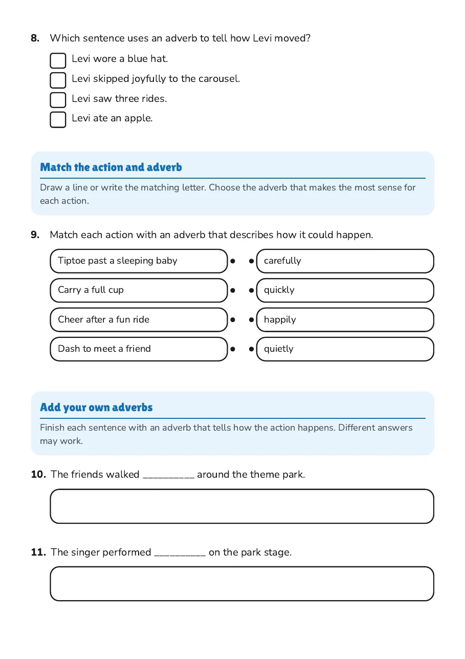 Adverbs Practice Worksheet, page 2 of 3: Match the action and adverb, Add your own adverbs