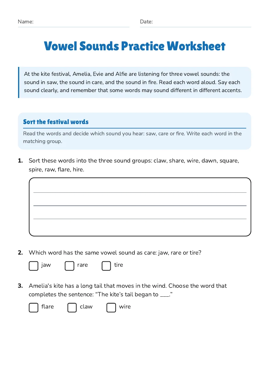 Vowel Sounds Practice Worksheet, page 1 of 3: Sort the festival words