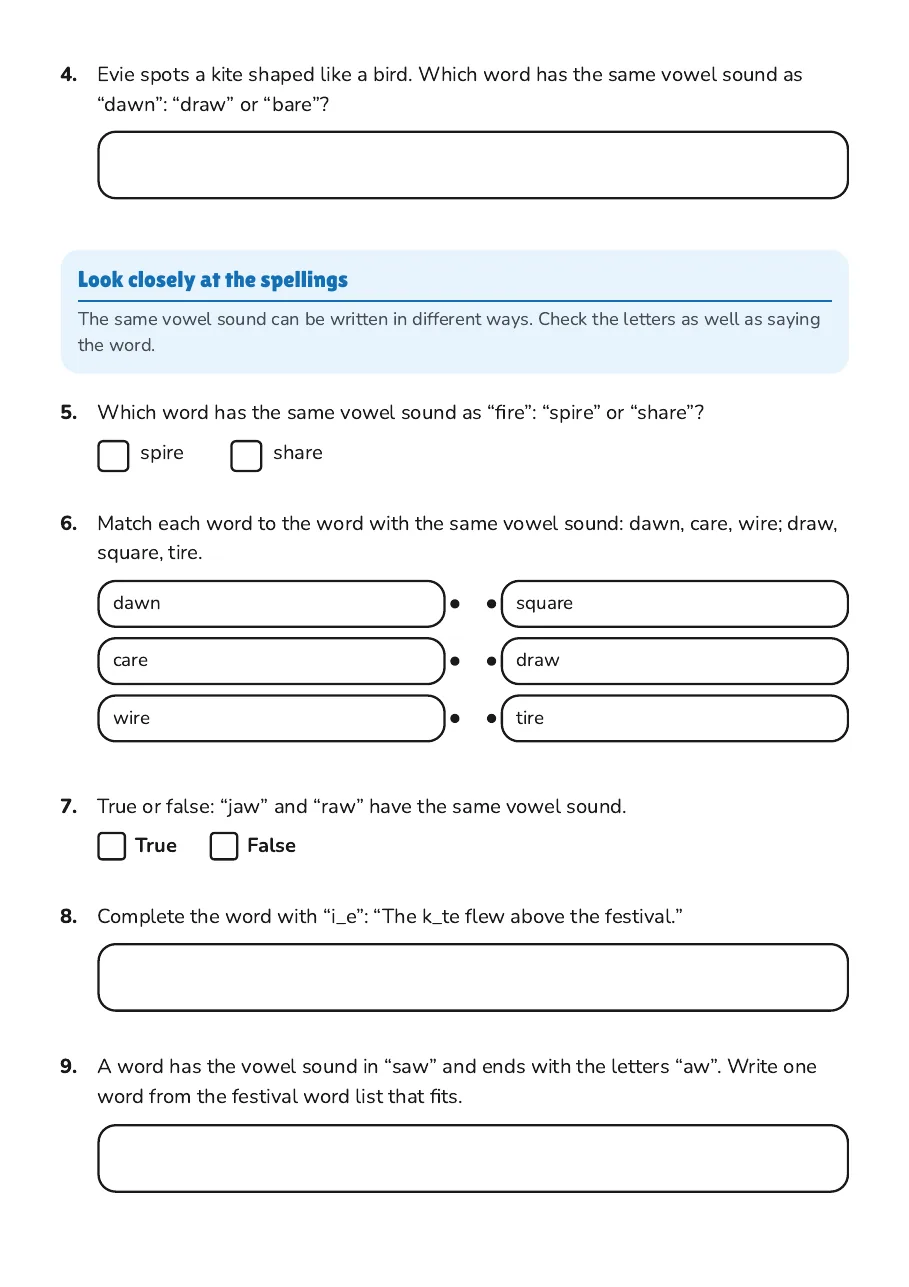 Vowel Sounds Practice Worksheet, page 2 of 3: Look closely at the spellings