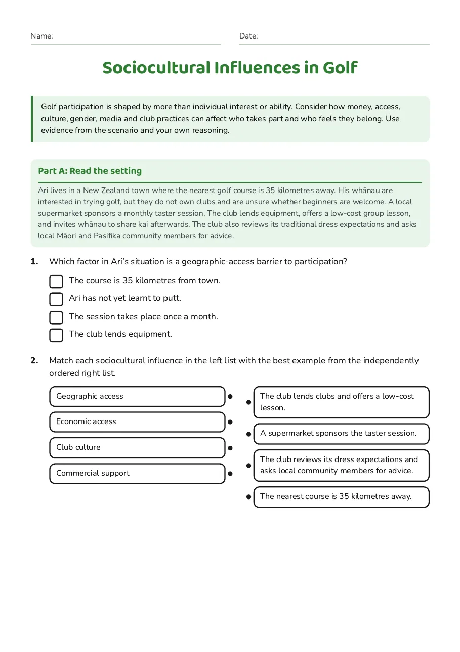 Sociocultural Influences in Golf, page 1 of 3: Part A: Read the setting